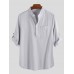 Mens Linen Casual Roll Sleeve Loose Buttons Pullover Henley Shirts