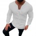 Mens Vintage Cotton Stand Collar Long Sleeve Loose Fit Casual T-Shirts